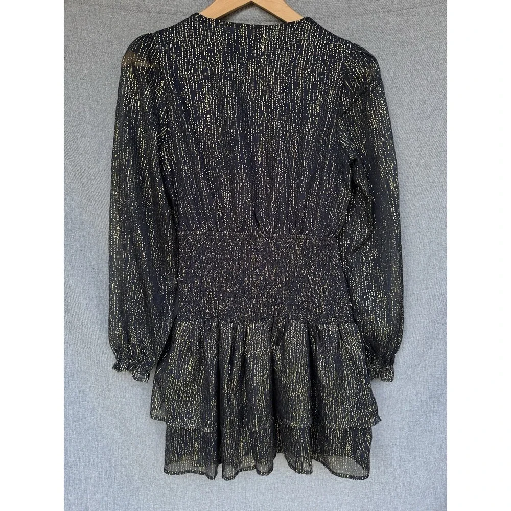 Aqua Metallic Puff Sleeve Mini Dress Small Navy Blue Gold Dot NYE Smocked - Picture 6 of 8